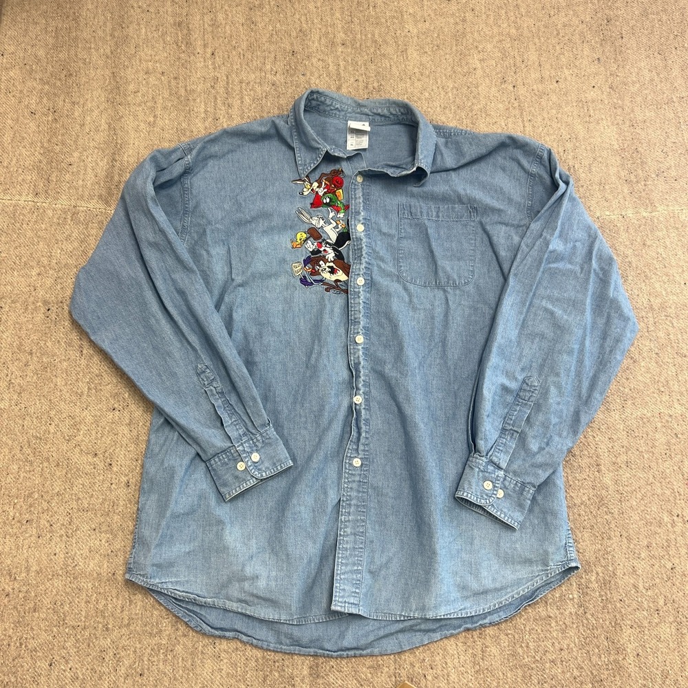 Vintage Looney Tunes Denim Button Up Shirt Mens XL Blue 1990s Warner Brothers
